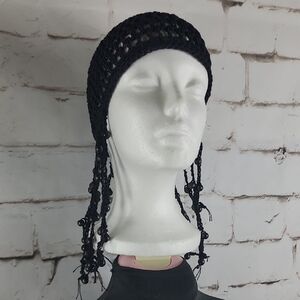 Black Crochet Beanie with Braided Tassels